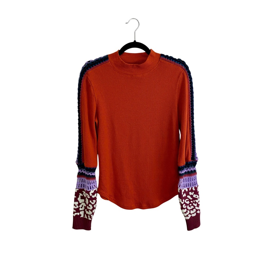 Free People Switch‎ It Up Thermal Top M Orange Crochet Leopard Waffle Mock Neck